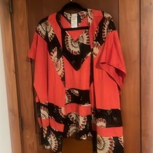 gorgeous Chicos, kimono, red and black pattern with red suedes fabric.